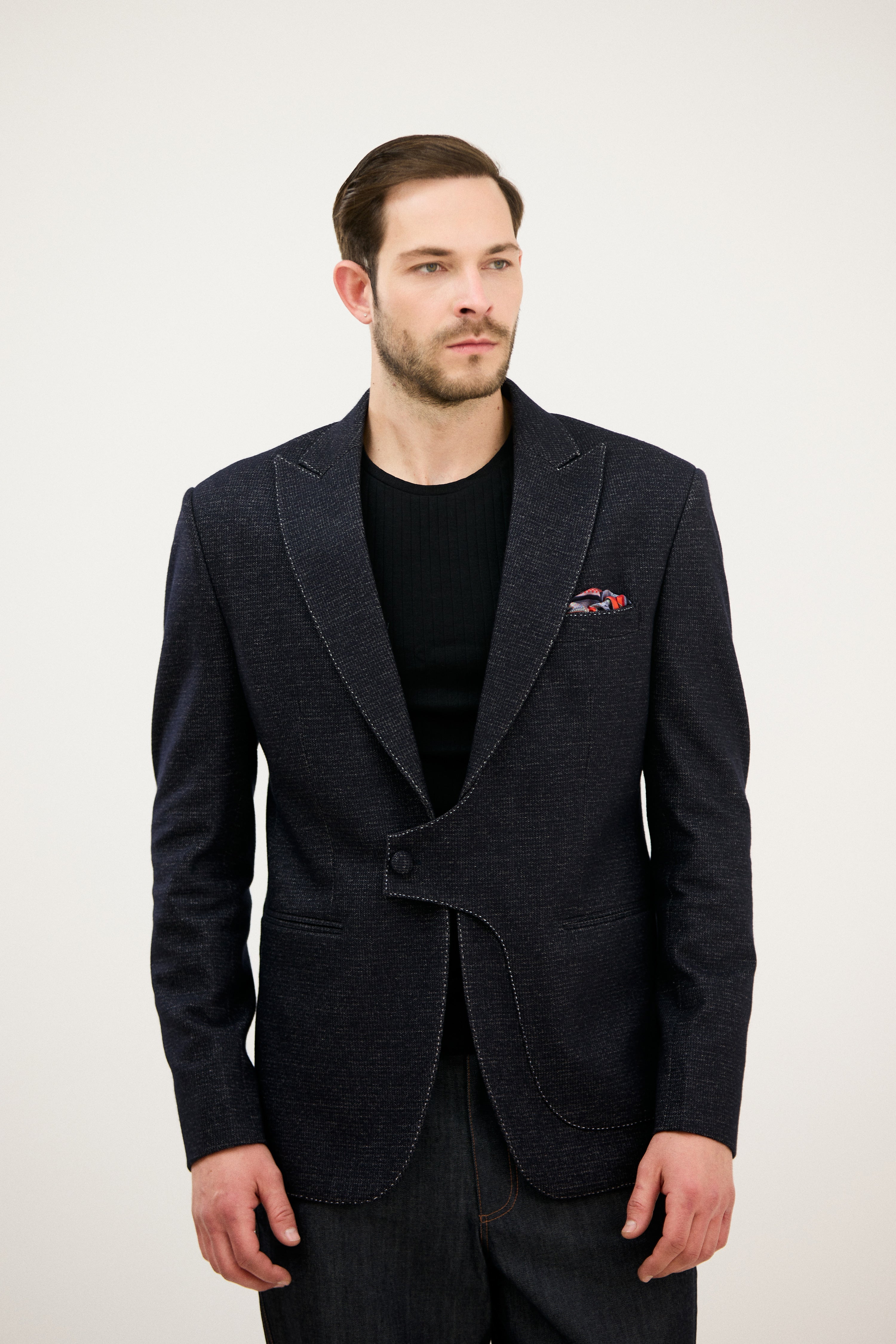 Mehfil-e-Darbar Notch Lapel with Curved Wrap-Style Blazer