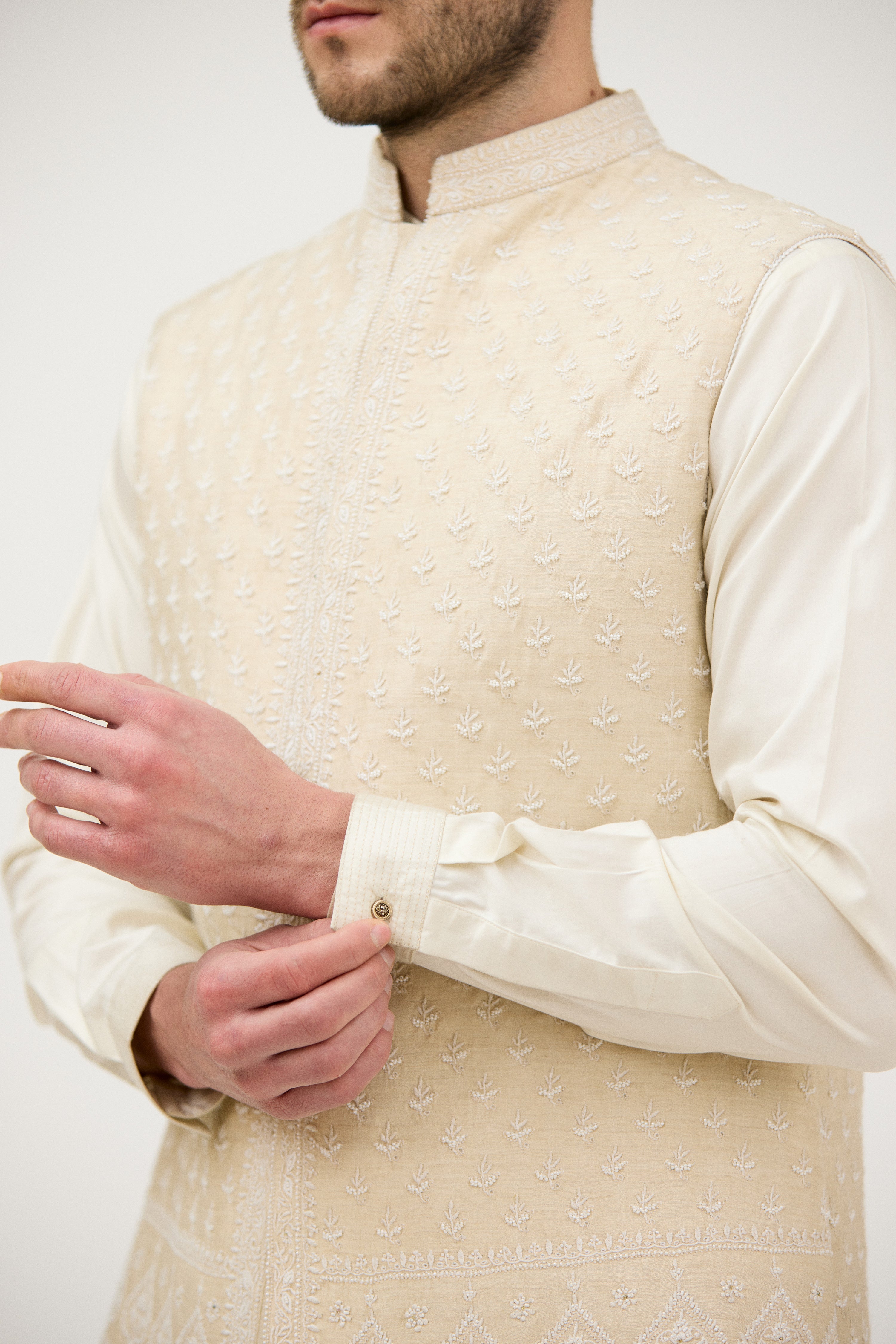 Ivory Emperial Leaf Nehru Jacket