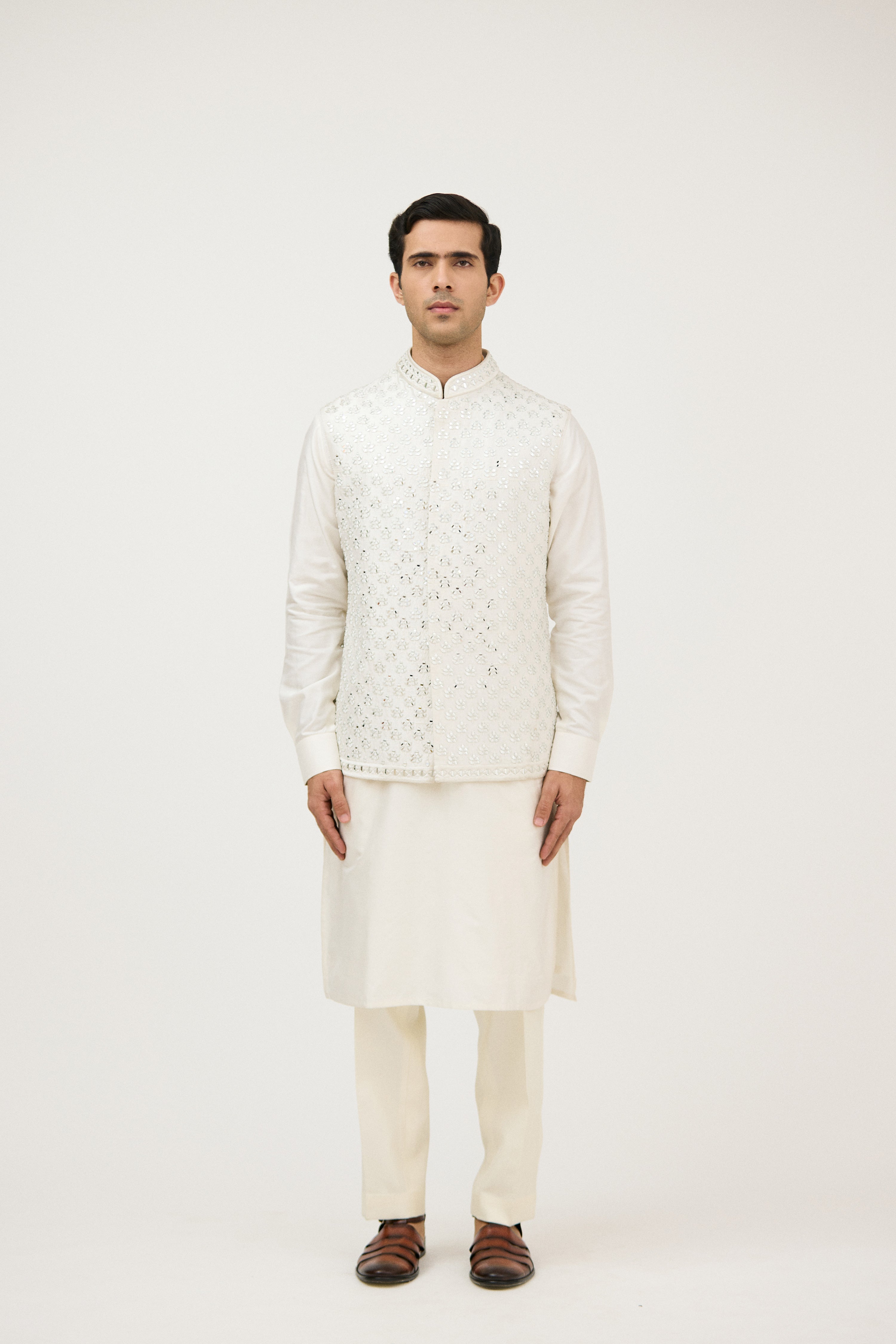 Ivory Resham & Mirrorwork Nehru Jacket